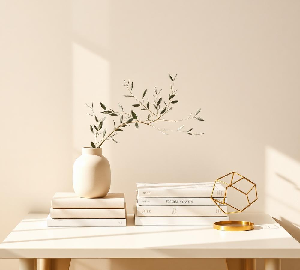 Olive branches, books and a brass sculpture on a light table